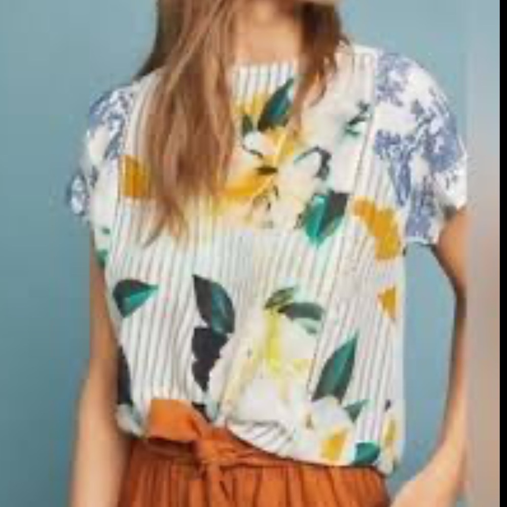 Anthropologie Maeve Silk Pinstripe Floral Toile Short Sleeve Top Size 8 - Picture 2 of 7